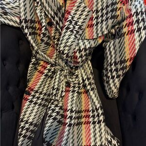 Boohoo Mens Black, White, Red & Yellow Plaid Trench Coat
